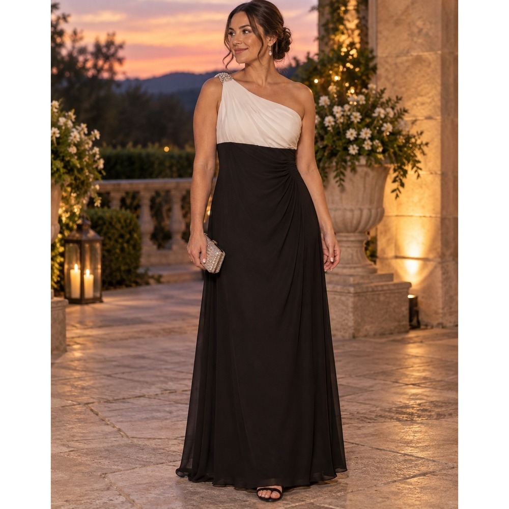 David's Bridal Size 10 Black White One Shoulder Rhinestone Formal Maxi Gown